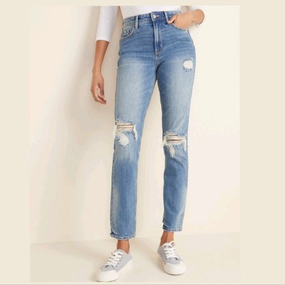 Old Navy | Distressed Power straight Hi rise Secret Slim Pockets cropped jeans - Picture 1 of 8